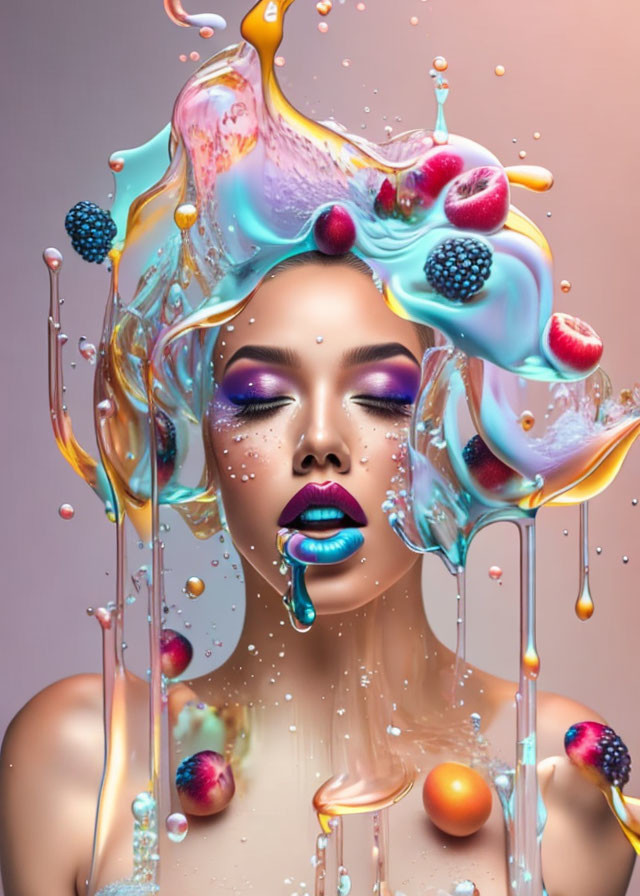 Colorful liquid and berries flow over person's head in surreal portrait