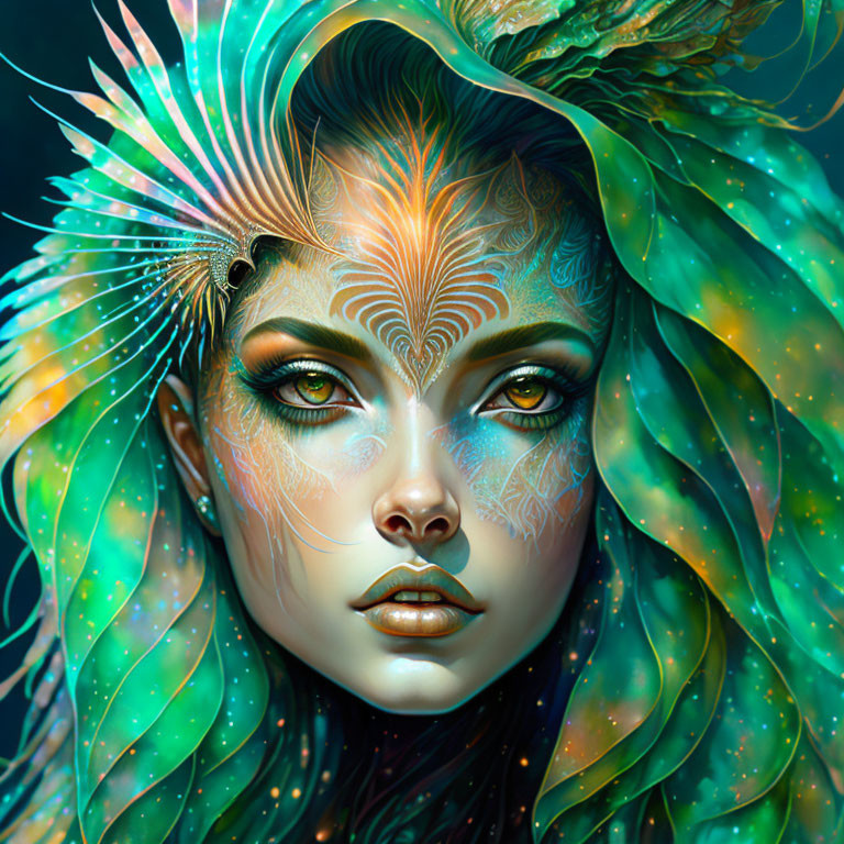 Fantasy digital artwork: Female figure with greenish-blue hair, golden facial tattoos, feathered head