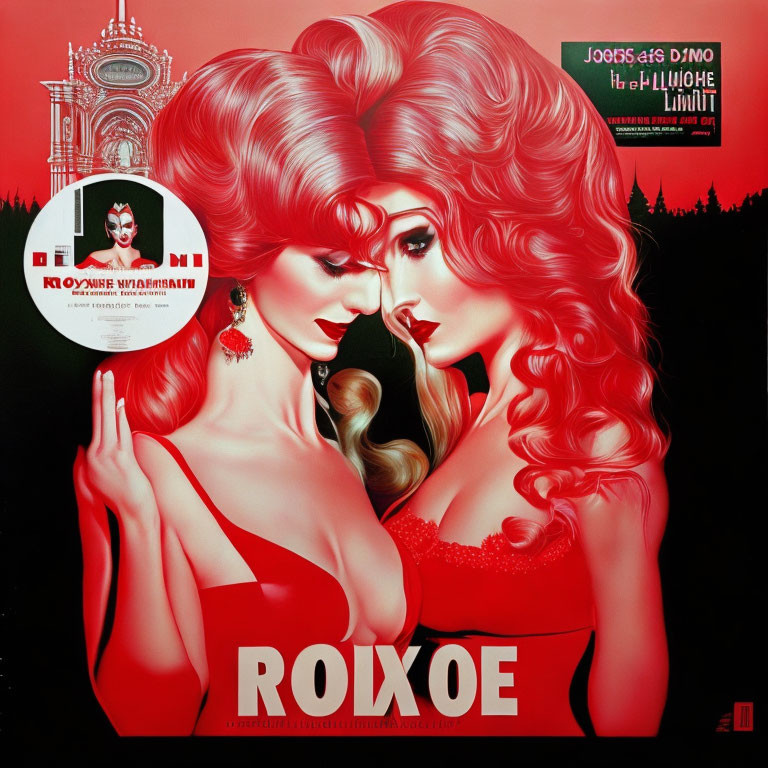 Stylized women with red hair and dresses on red & black background with "ROXOE