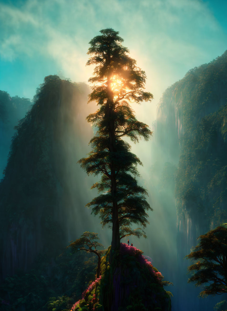 Tall tree on lush mound with sunlight and misty cliffs