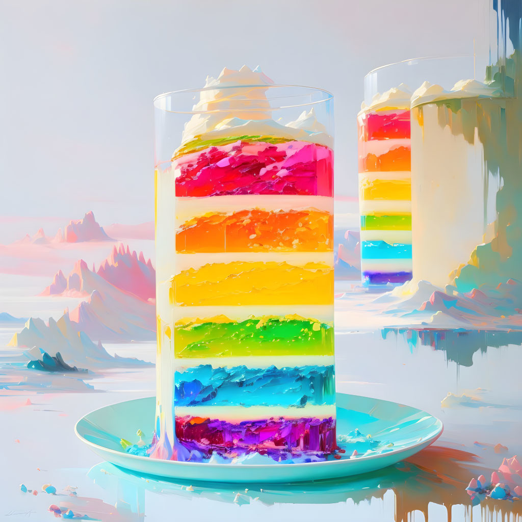 Colorful Rainbow Cake in Glass with Pastel Background