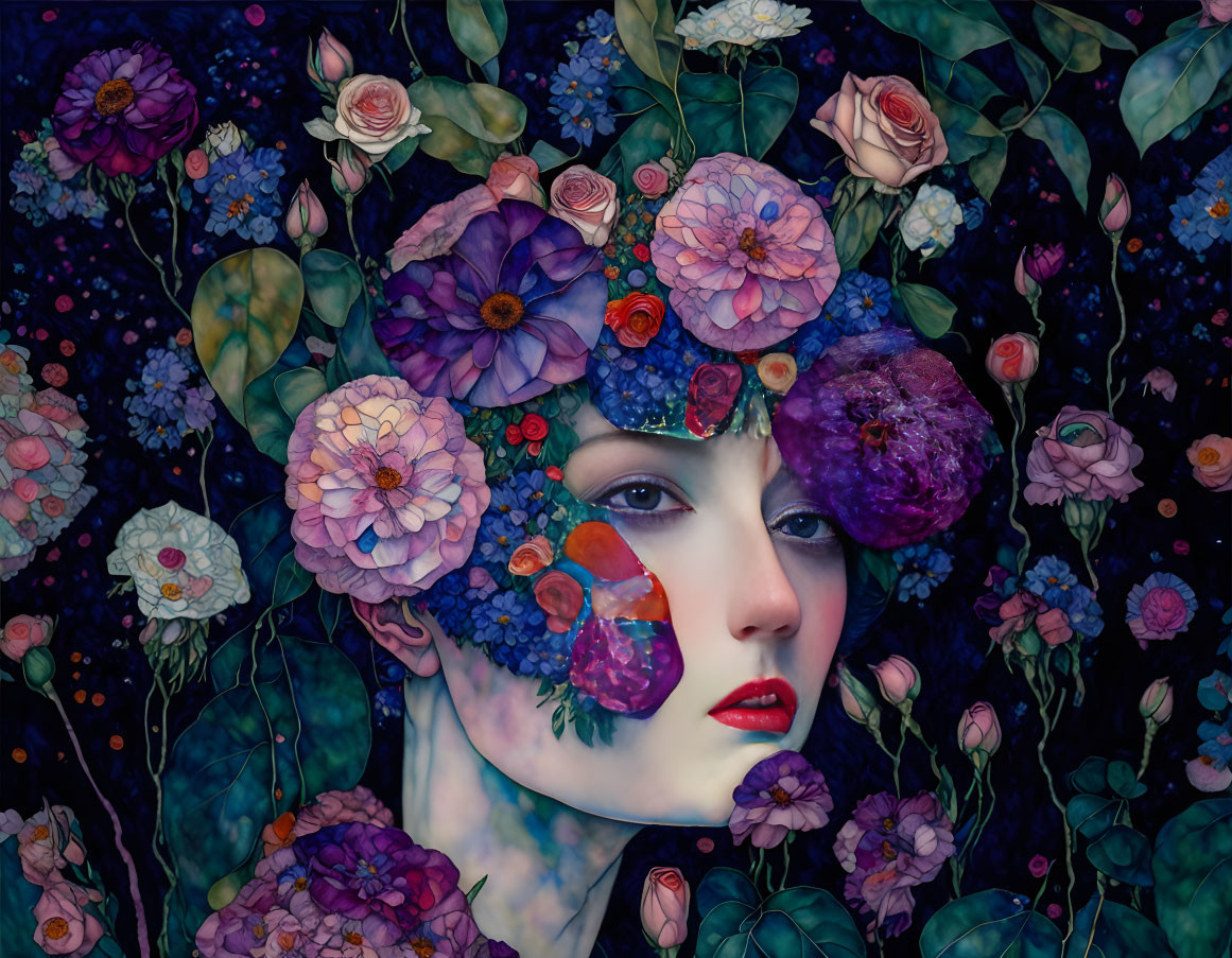 Vibrant multicolored flowers on woman's face against dark floral backdrop