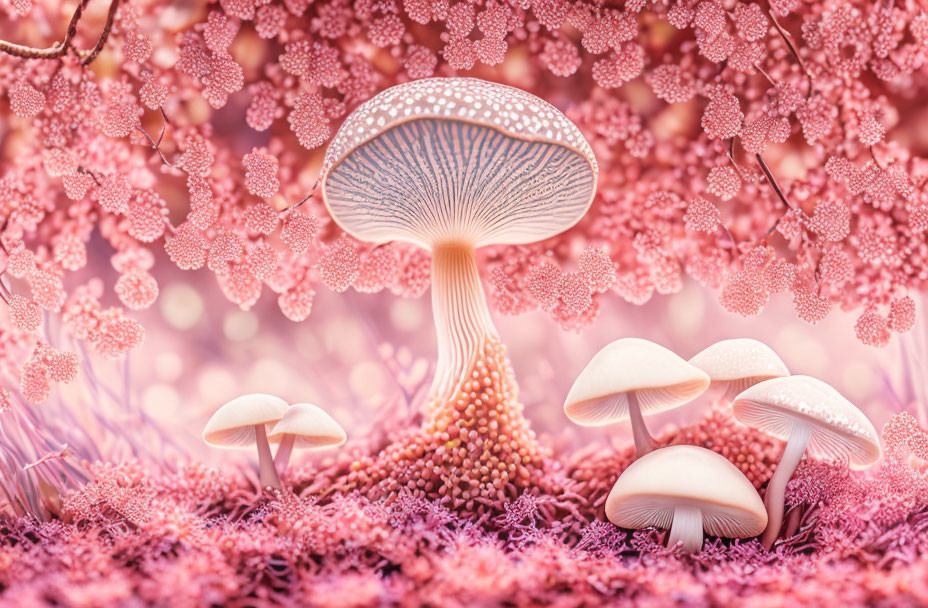 Cluster of large and small mushrooms surrounded by delicate pink plants