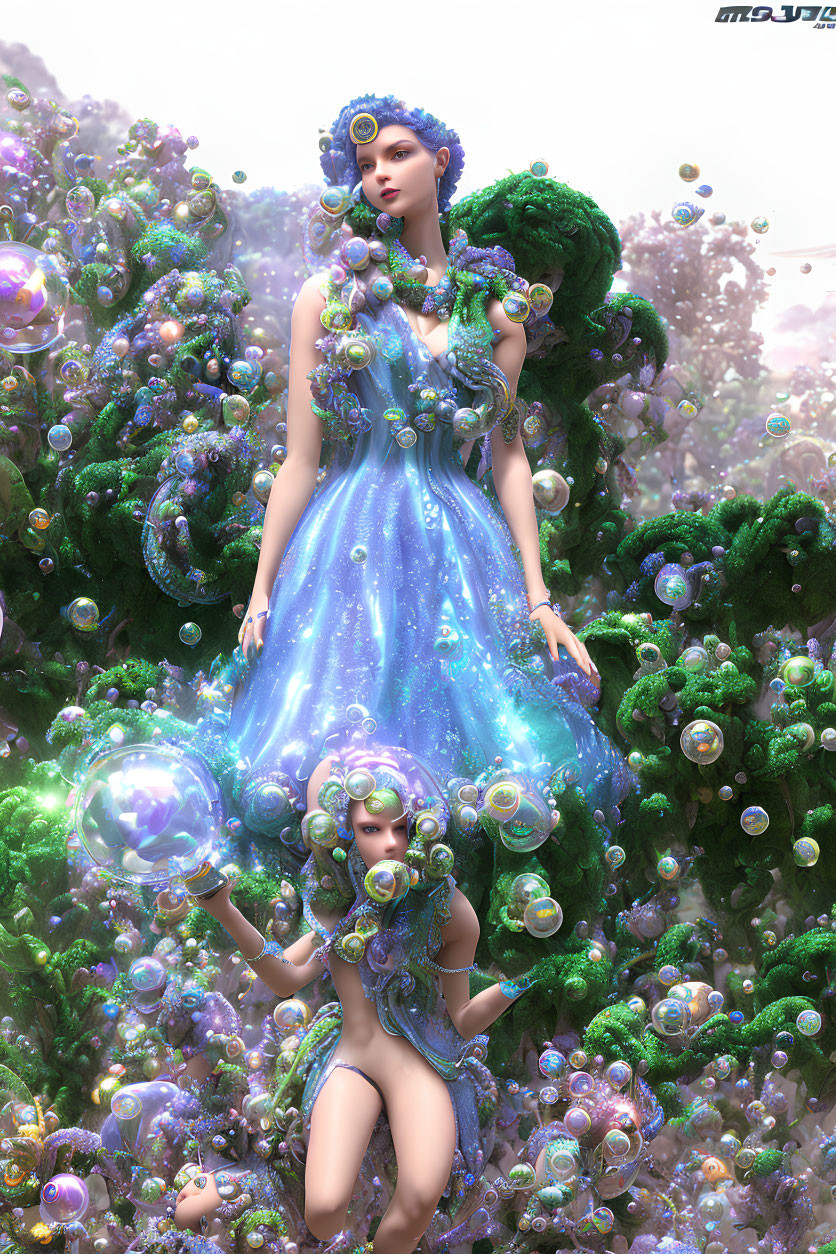 Ethereal figures in sparkling bubble dresses in lush, fantastical setting