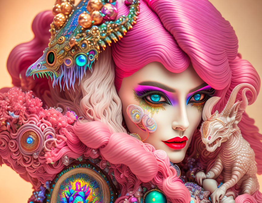 Fantasy figure with pink hair, gold decorations, makeup, and dragon companion