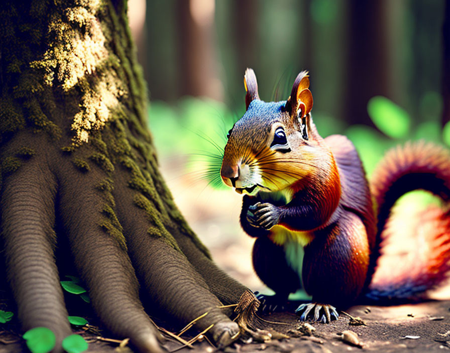 Colorful squirrel eating nut by tree trunk in forest setting