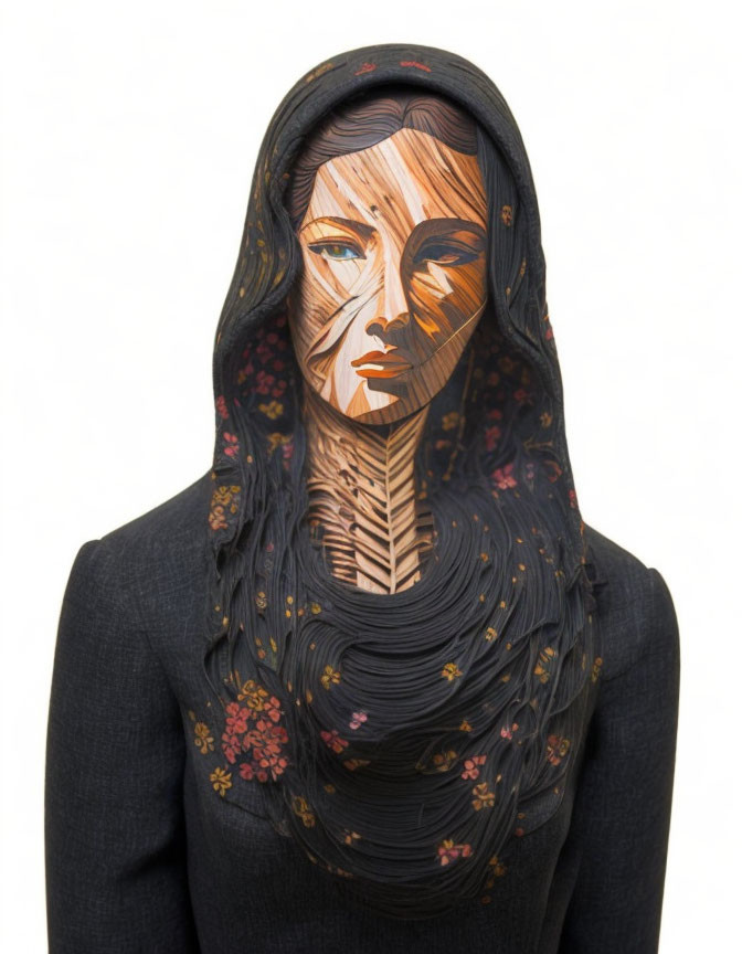 Intricately patterned wooden sculpture of woman's bust with floral scarf