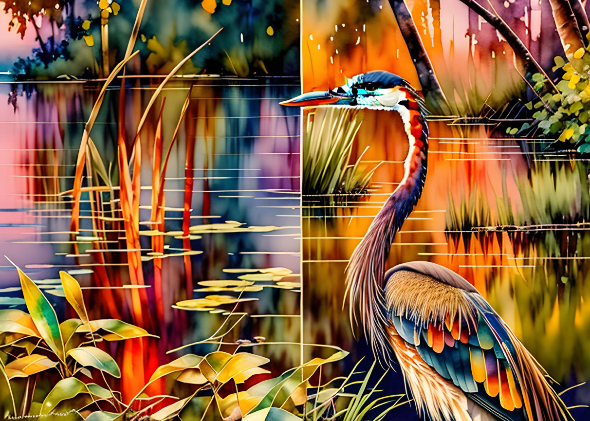 Vibrant digital artwork of heron in reeds and lily pads at dusk.