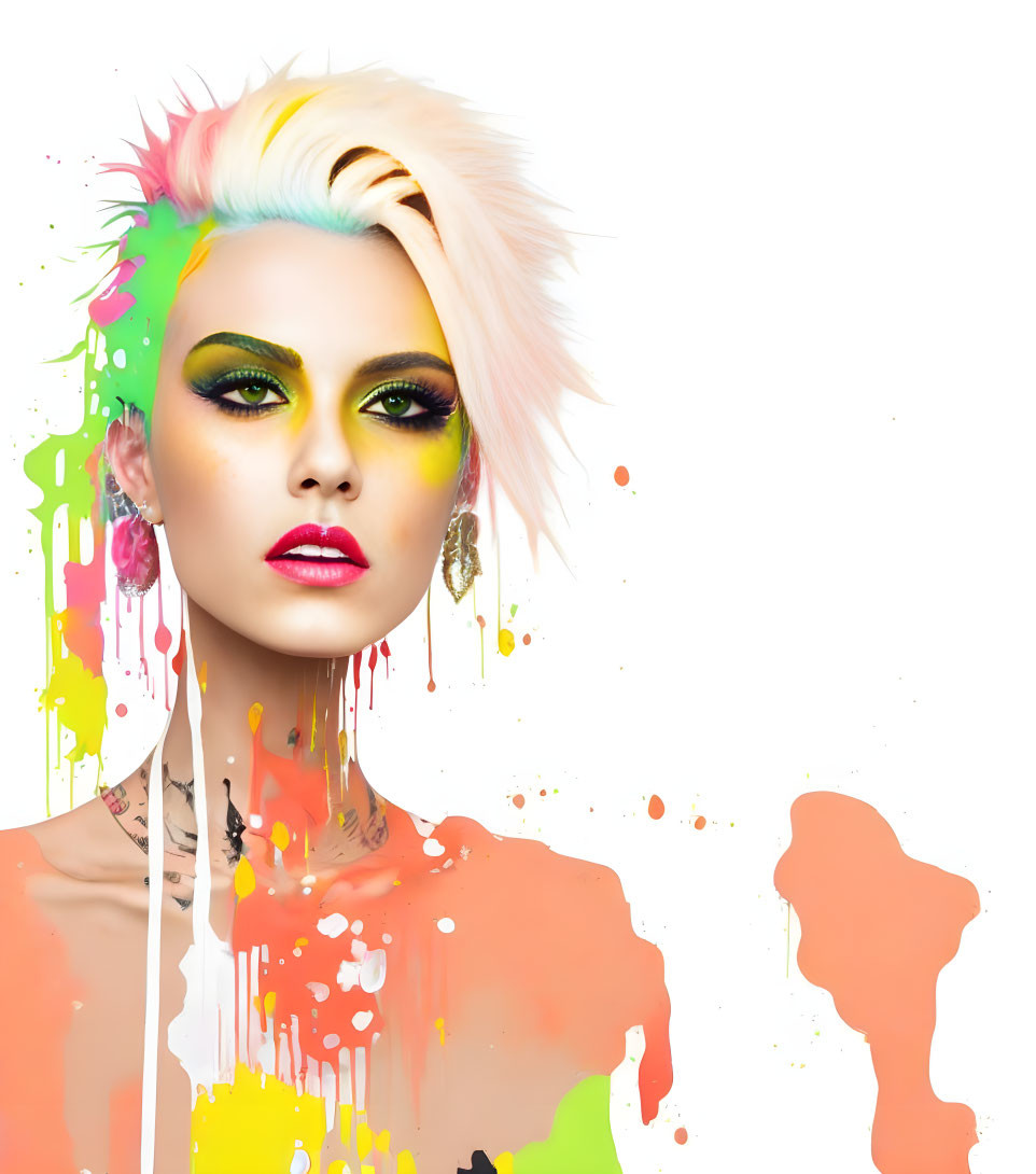 Colorful Spiky Hair and Vibrant Makeup on Woman in Neon Paint Setting