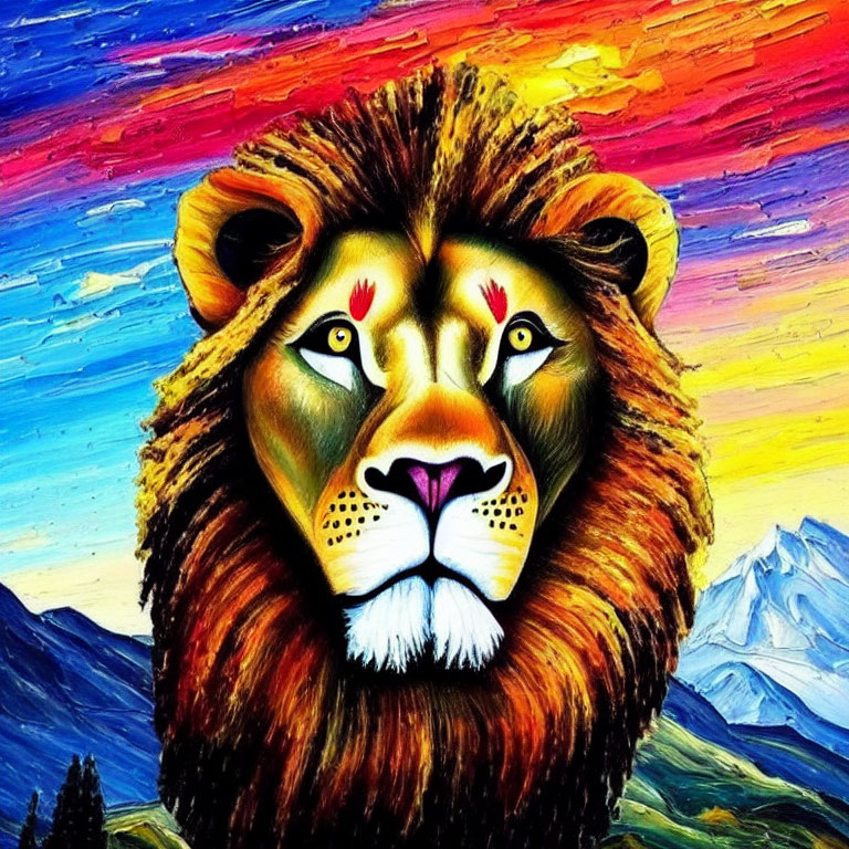 Colorful Lion Head Painting with Textured Sky and Mountain Landscape