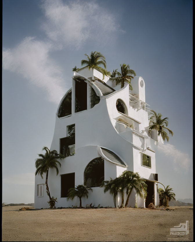 White Multi-Story Building with Rounded Windows and Palm Trees under Blue Sky