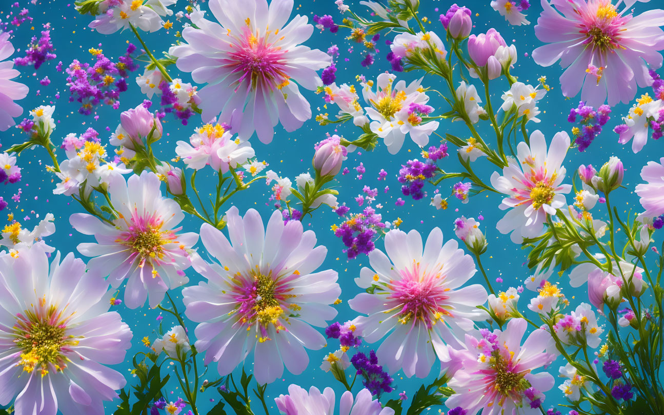 Purple and White Cosmos Flowers Amid Colorful Blooms on Blue Sky