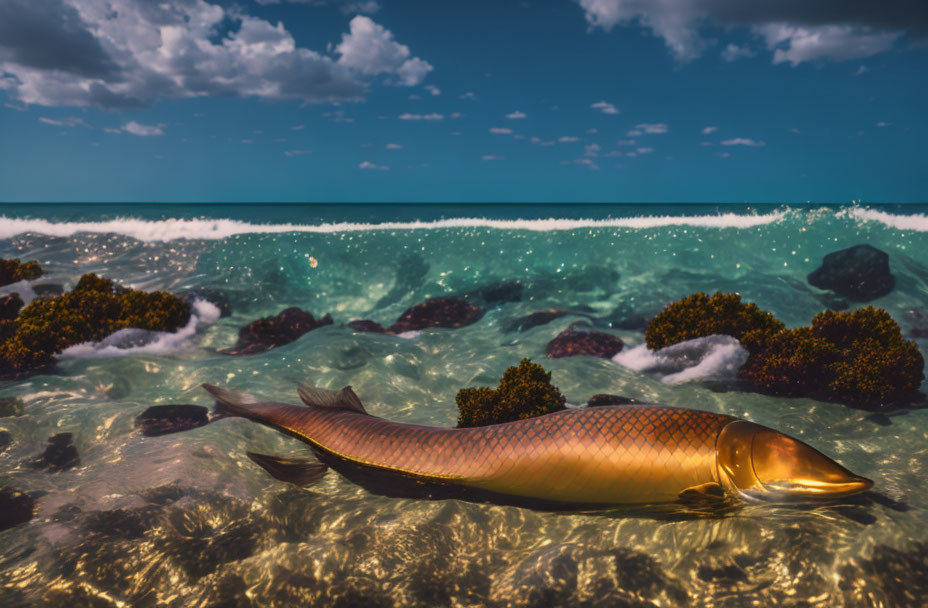 Golden fish swimming near rocks and seaweed in sunny underwater view