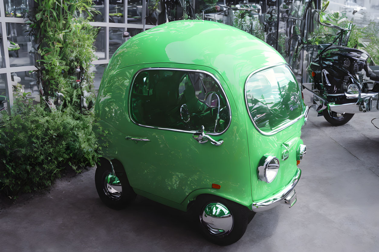 Vintage green microcar in greenhouse with lush plants and scooter.