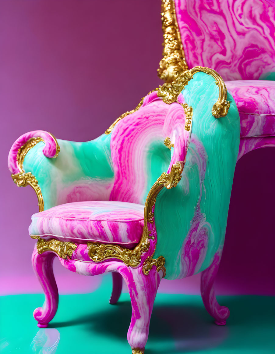 Gold Frame Ornate Chair with Pink and Mint Green Marbled Upholstery