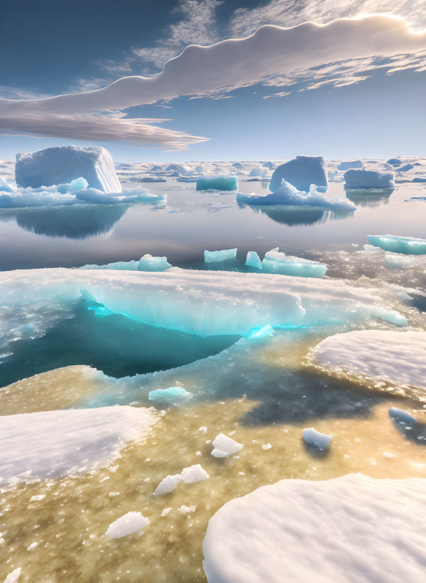 Arctic icebergs and floating ice in sunlit waters