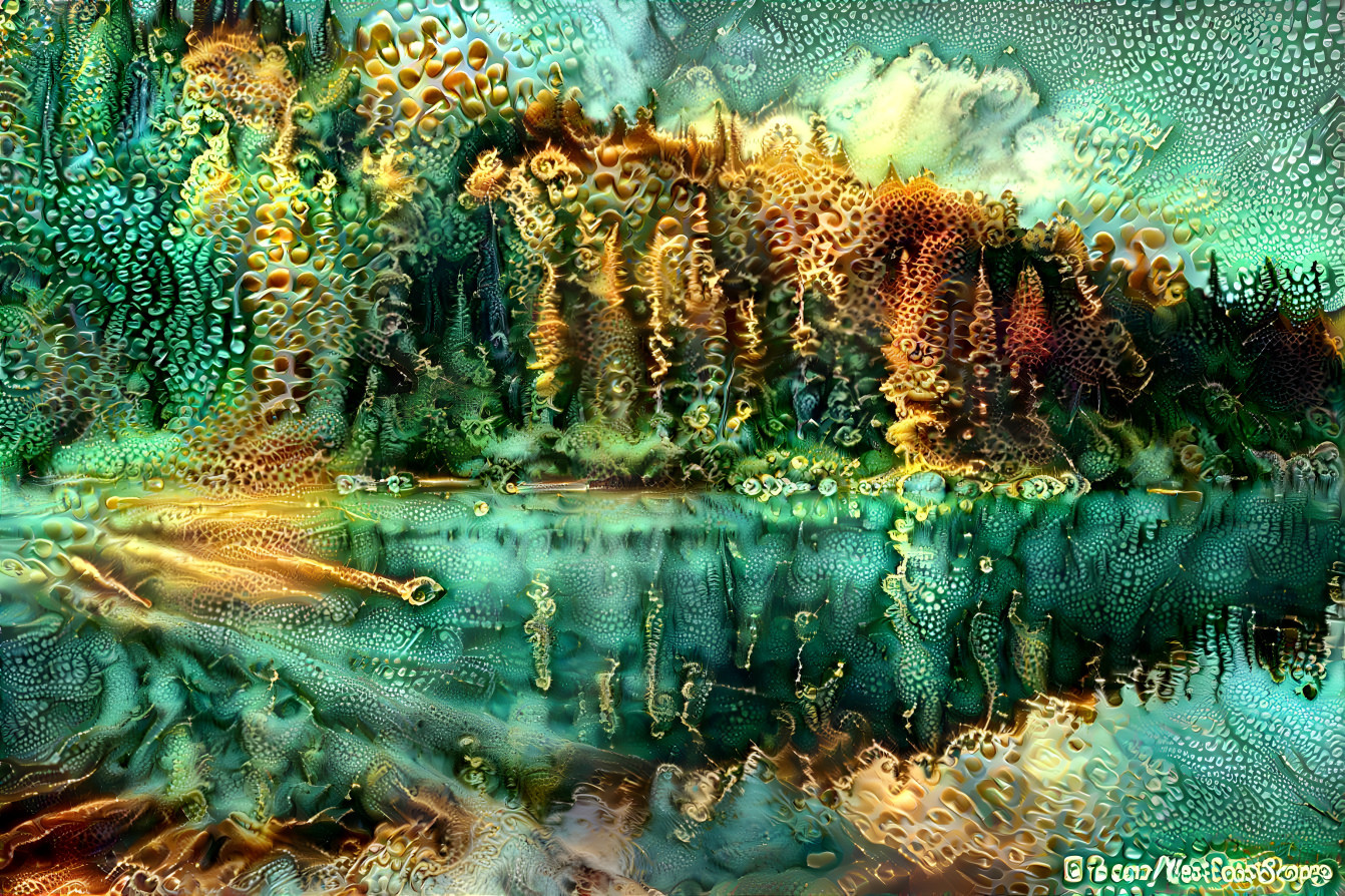 trees across lake, aqua, gold, fractal 