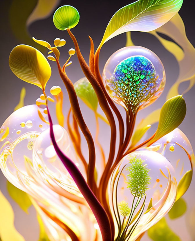 Colorful abstract art: vibrant tree-like structures, glowing bubbles, and neon leaves.