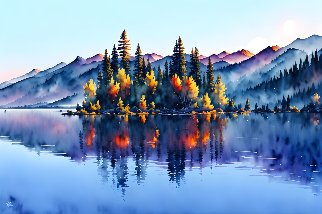 Tranquil autumn landscape with mirrored lake and colorful trees