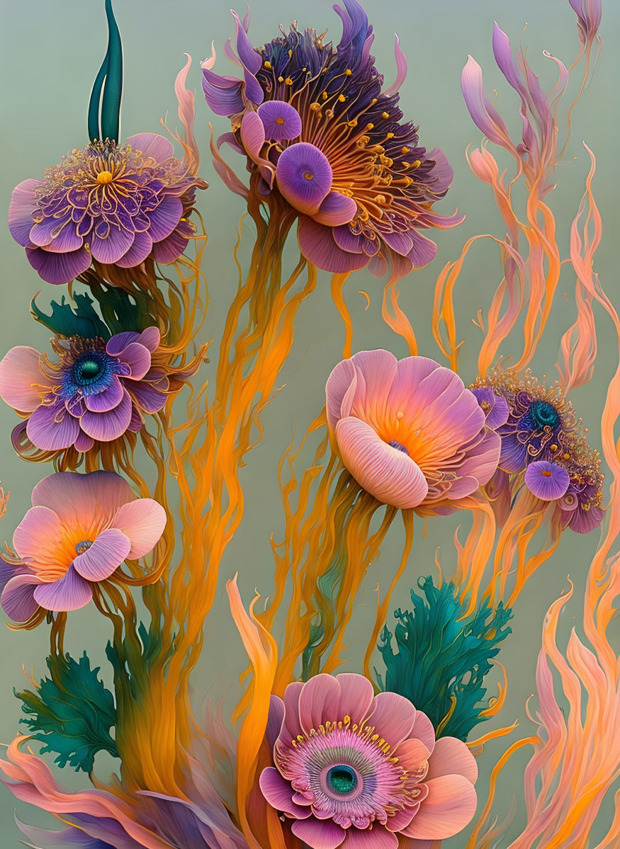 Colorful surreal flower art with fiery tendrils in purple and orange on green.