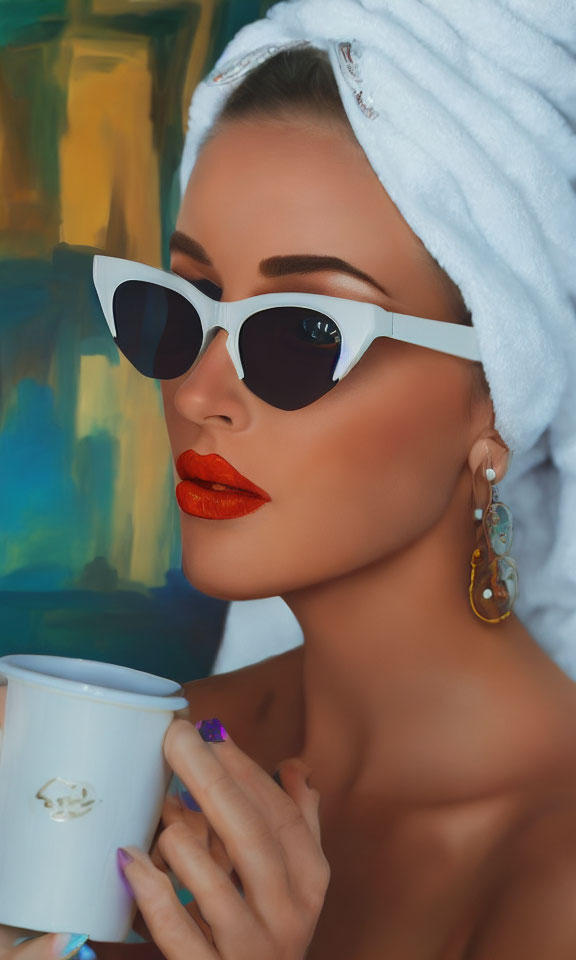Woman with Towel Head, White Sunglasses, Red Lipstick, Holding Cup, Abstract Painting Background