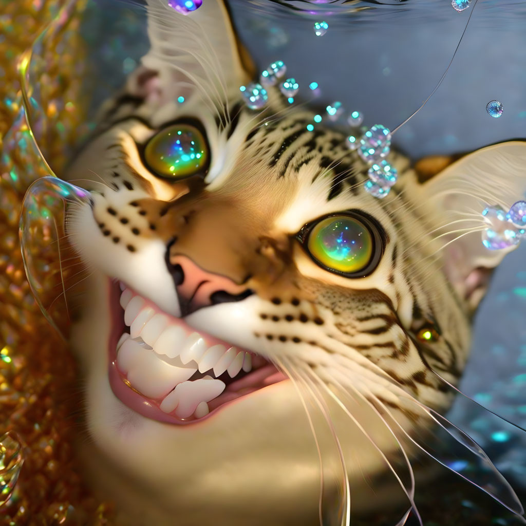 Smiling cat with twinkling eyes in magical bubble-filled scene