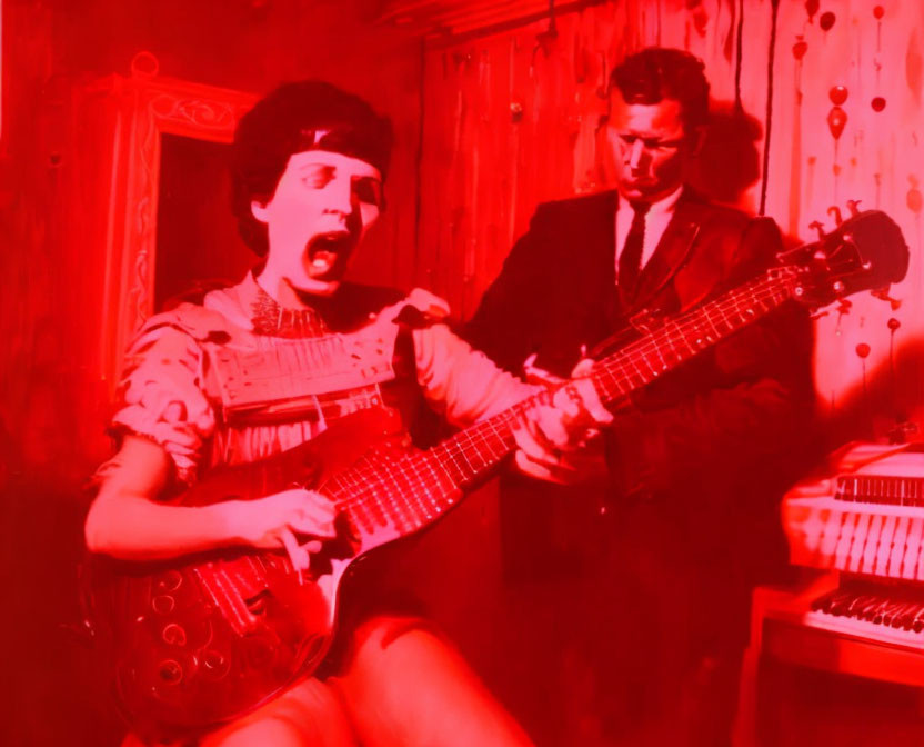 Energetic duo performing with guitar and keyboard in red-lit room