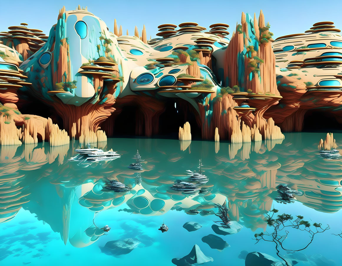 Alien landscape with sandstone structures, floating ships, and reflective water