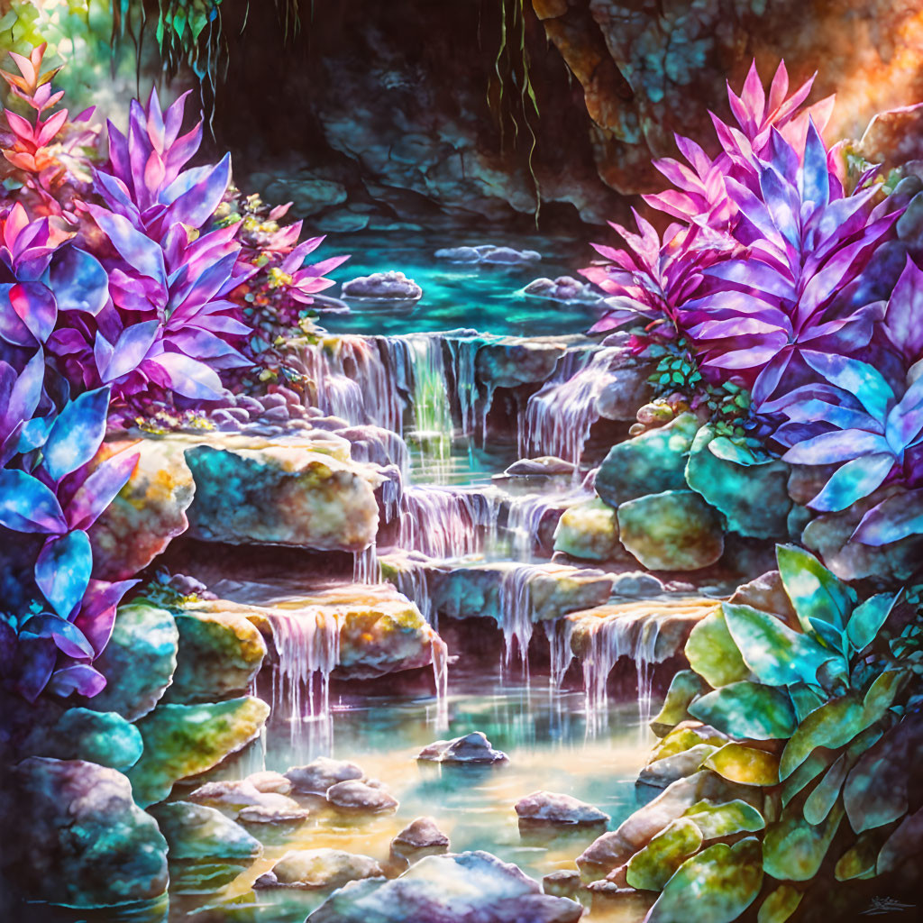 Colorful Digital Artwork: Mystical Waterfall Oasis with Crystal Plants