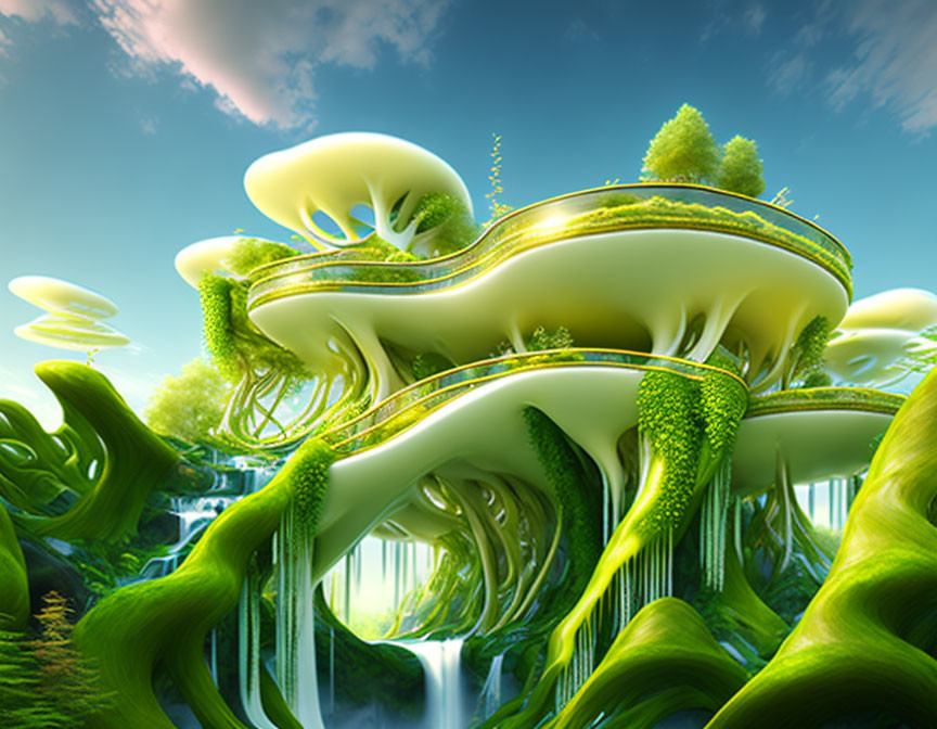 Futuristic landscape with organic architecture and lush vegetation