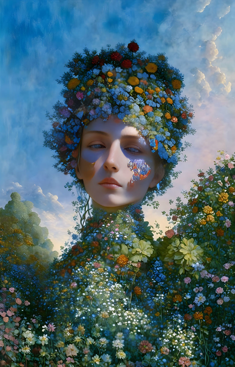 Surreal portrait: person with flower crown blending into bush under blue sky