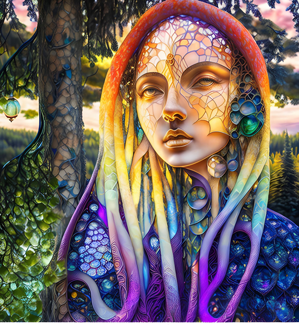 Colorful digital artwork: mosaic woman's face with nature pattern and bubbles in forest sunset.