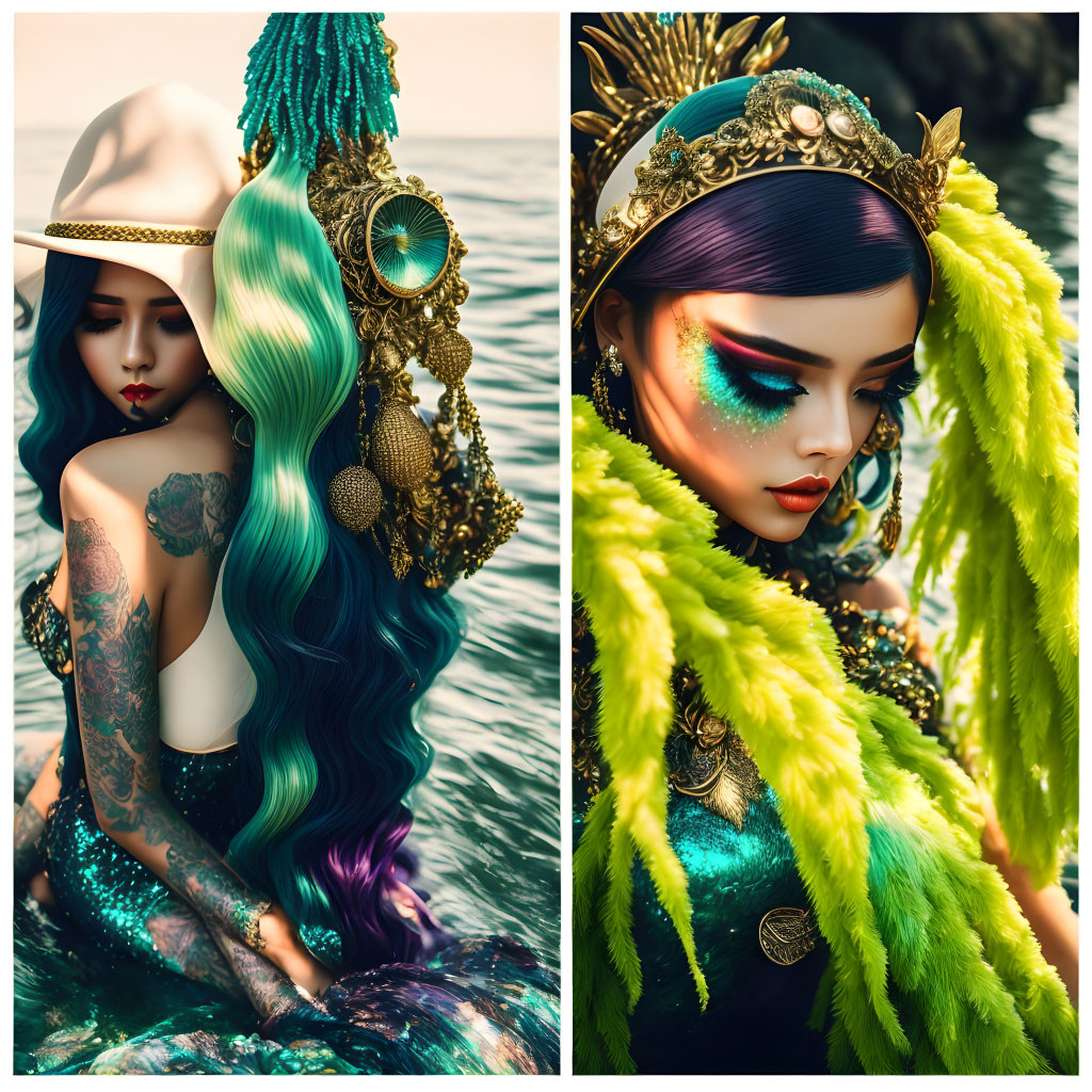 Split-image: Women in ornate sea-inspired fashion with vibrant hair, elaborate headpieces, exuding