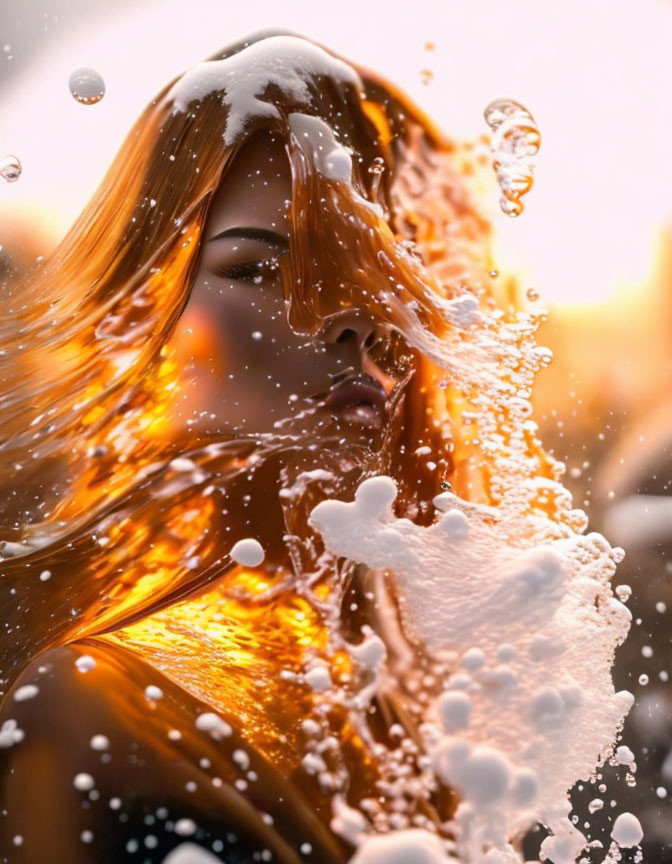 Woman with Liquid Gold Hair in Water Splash Scene