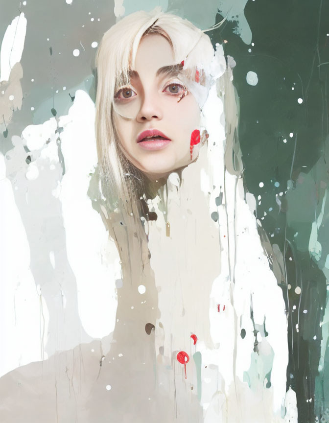 Blonde Hair and Red Lips Peeking Through Abstract White and Green Paint Streaks