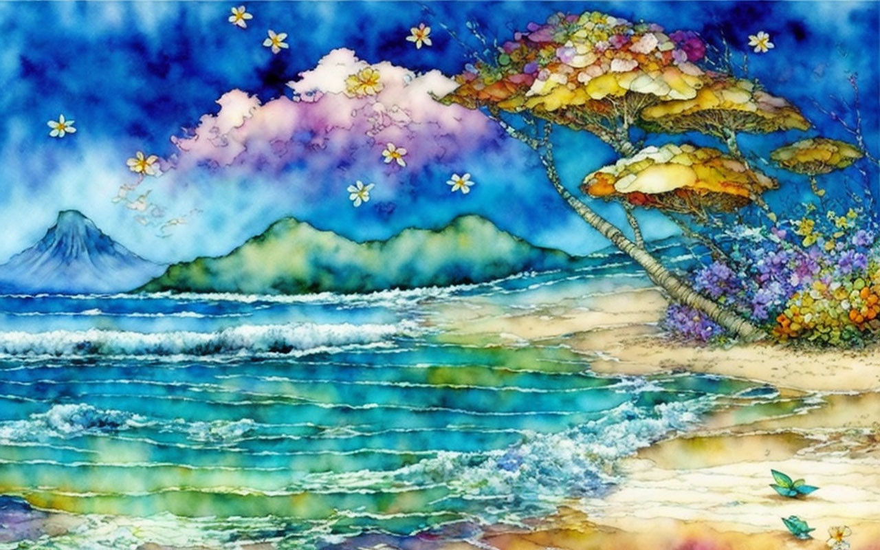 Colorful Watercolor Painting of Whimsical Tree on Beach Shore