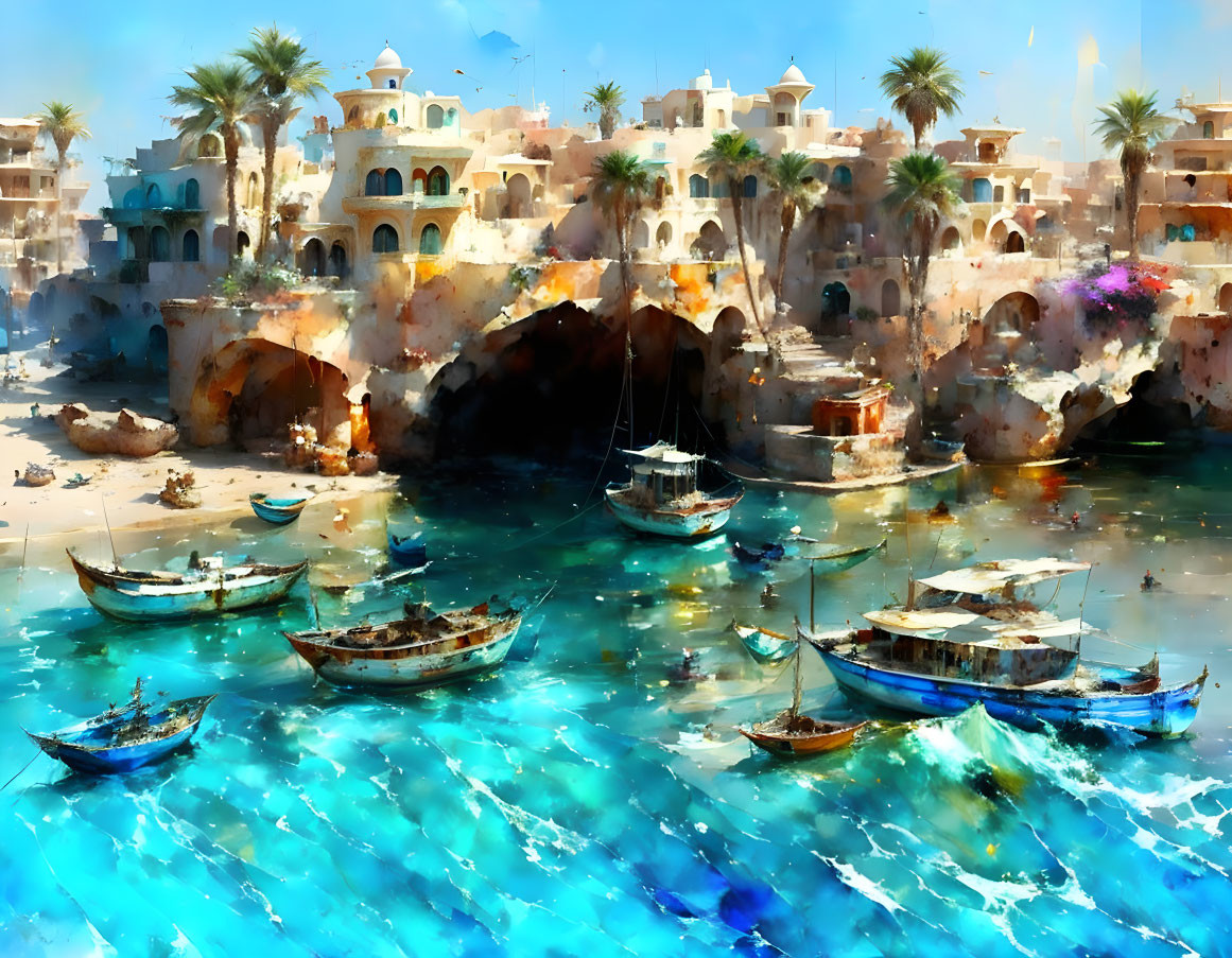 Scenic coastal view with boats, arches, and white buildings