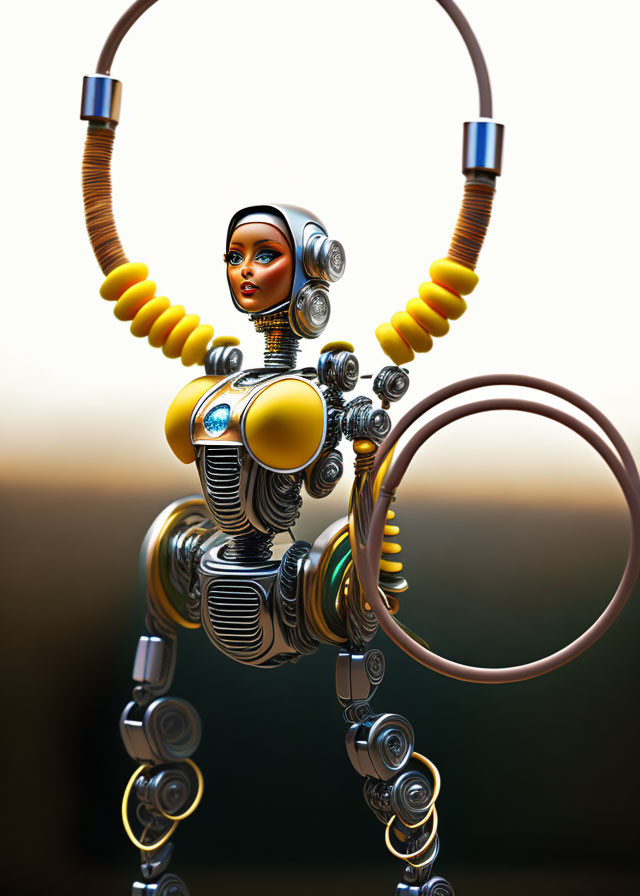 Futuristic robotic figure with female-like face and mechanical parts in blurred background