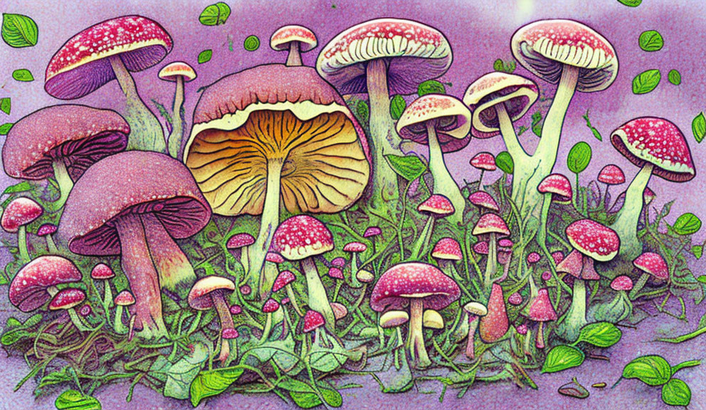 Colorful Mushroom Illustration Among Green Foliage