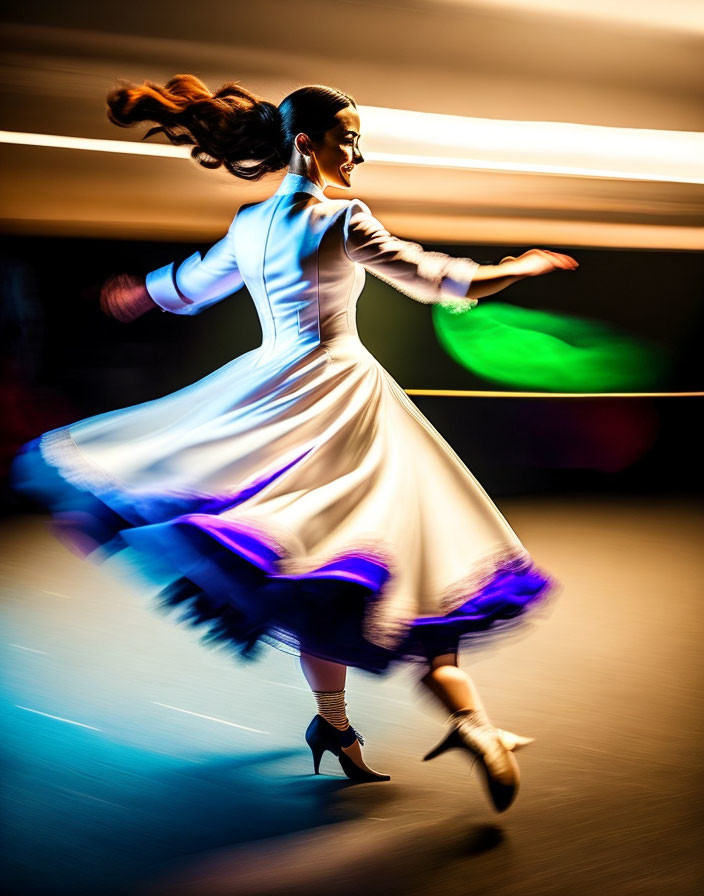 Blurred motion photo of woman dancing in white dress with purple trim