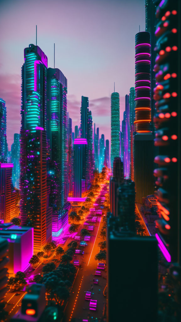 Futuristic twilight cityscape with neon-lit skyscrapers & sparse traffic.