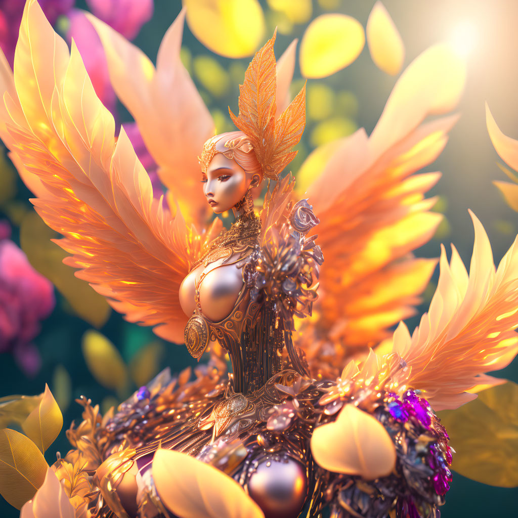 Golden-armored fantasy figure in vibrant floral setting