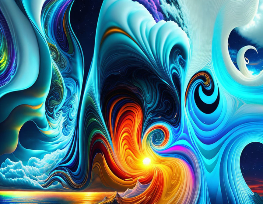 Abstract digital artwork with swirling sky, water, and light elements