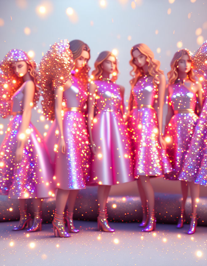 Five Glittering Animated Characters in Sparkly Dresses and High Heels