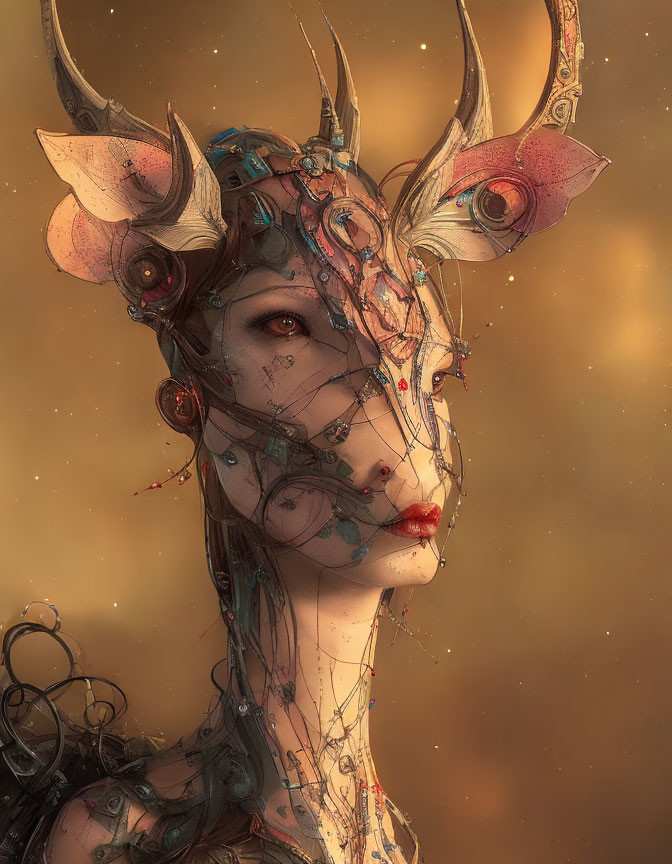 Fantastical artwork: Creature with antlers, mechanical details, delicate wiring, humanoid features, warm