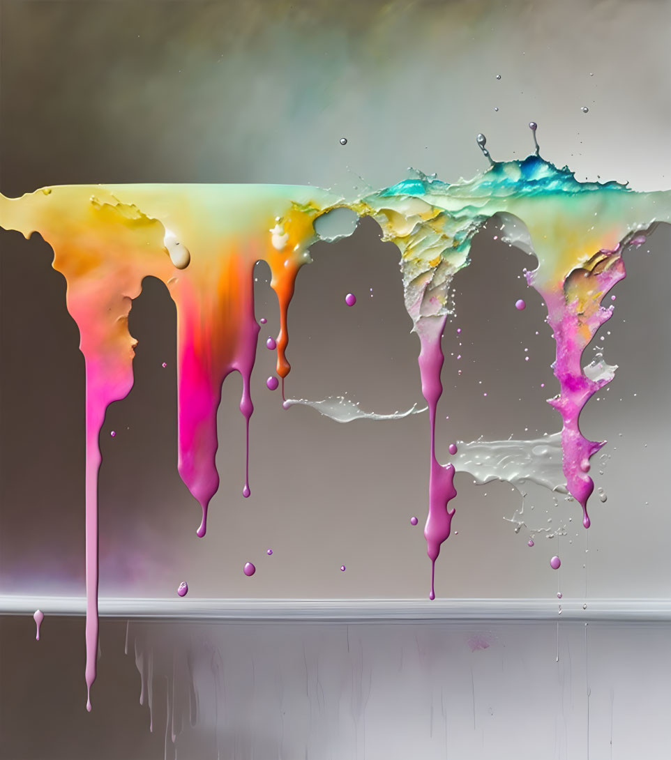 Vibrant paint drips blend on gray backdrop