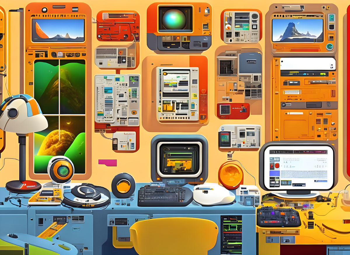 Colorful retro-futuristic digital artwork with vintage devices and computer interfaces.