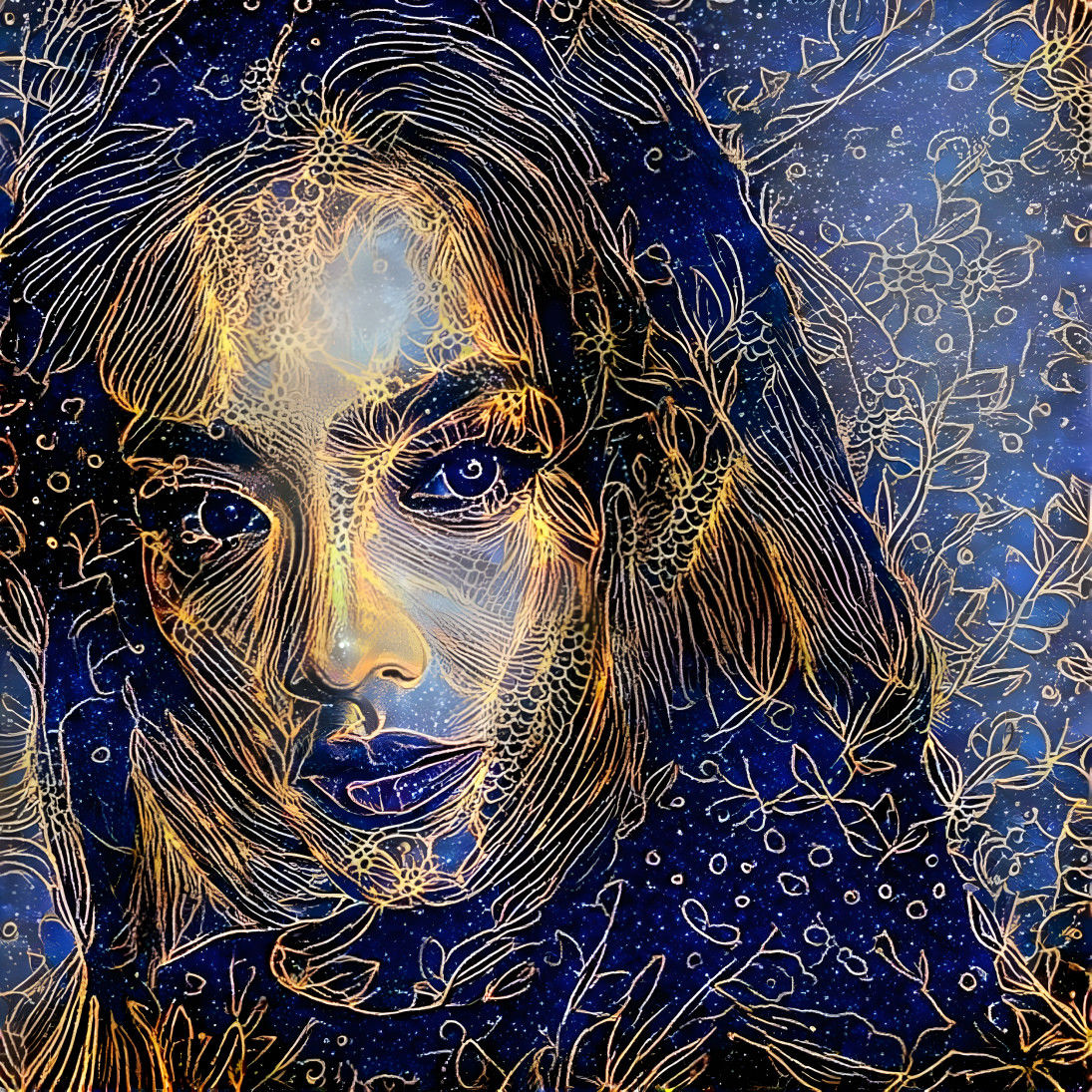 model, face, blue, gold