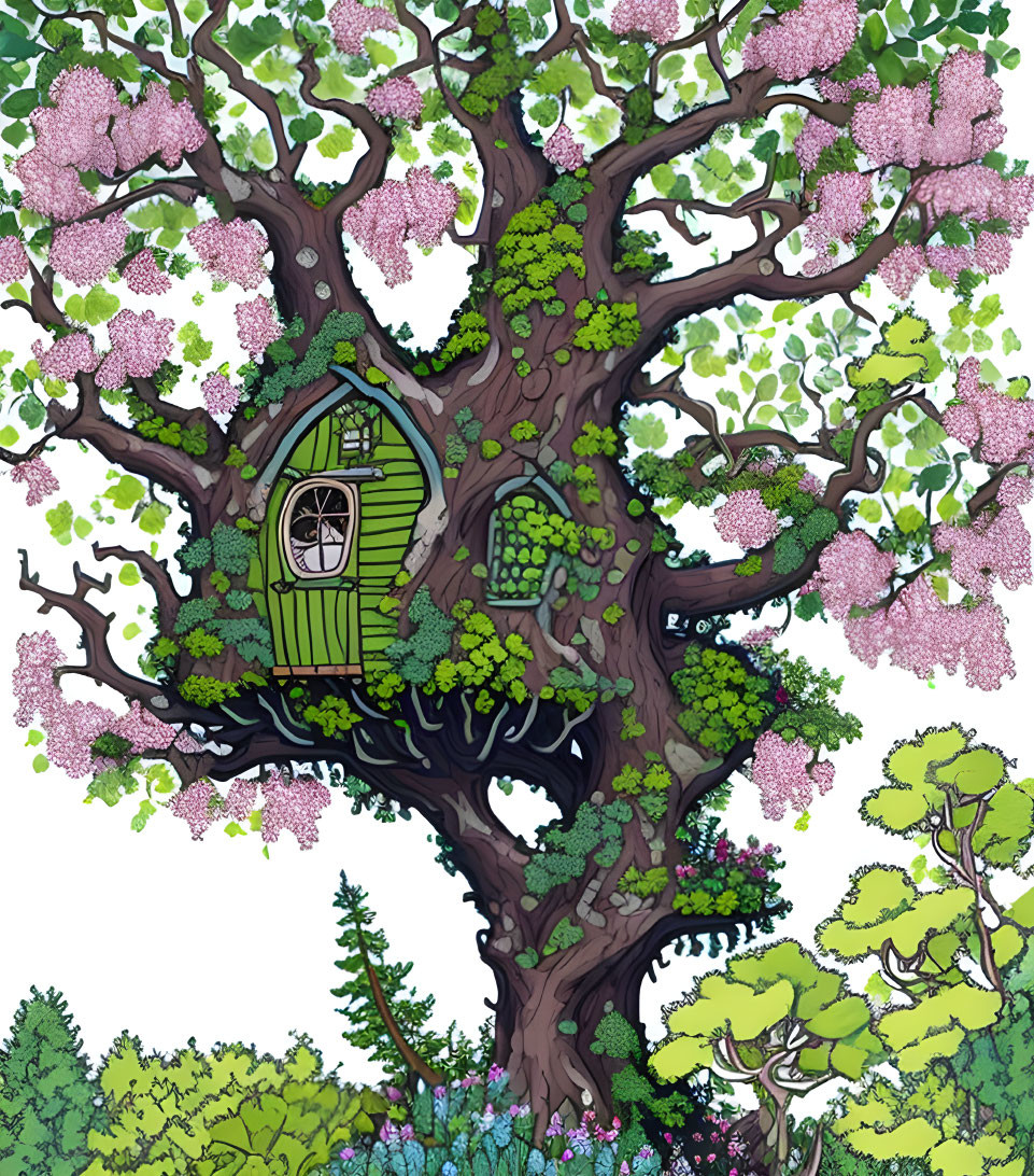 Illustration of a large tree with lush leaves and pink blossoms hosting a quaint treehouse