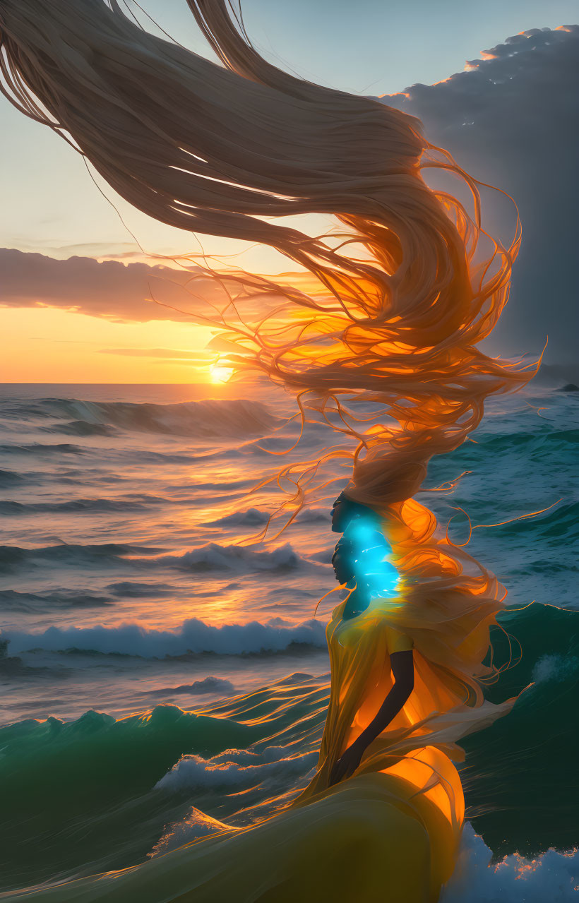 Silhouette of person with flowing hair at sunset by turbulent sea